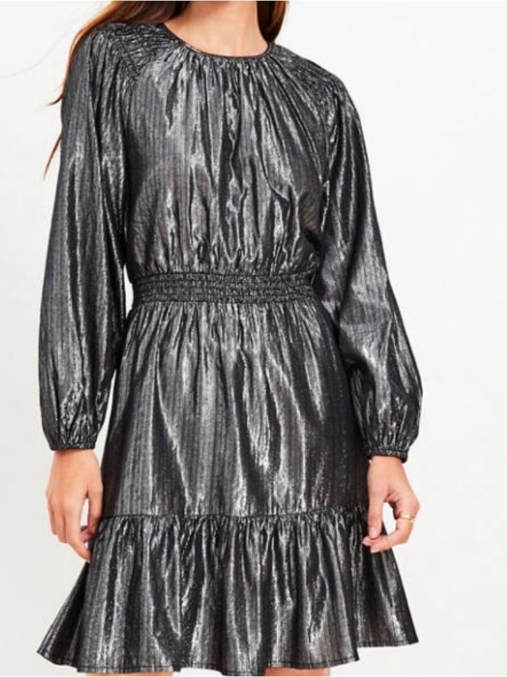 LOFT women’s Iridescent Black  silver Long Sleeve Party Dress